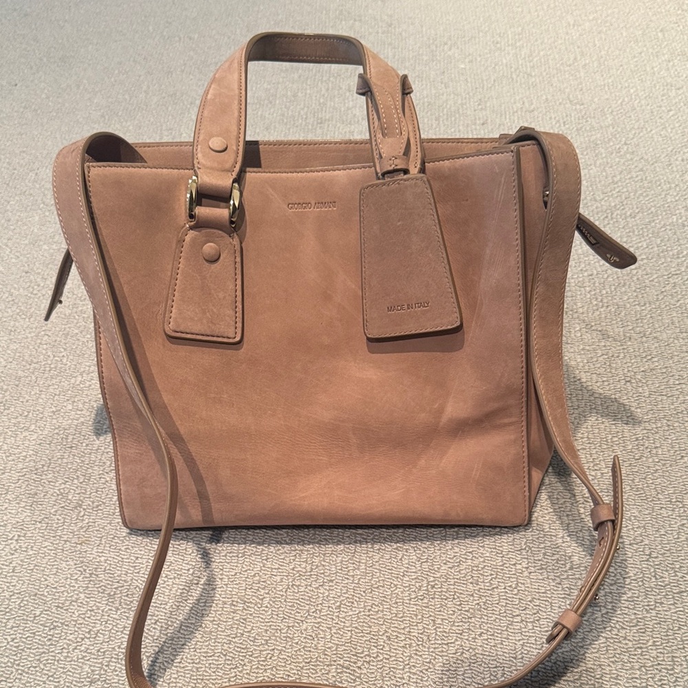 Giorgio Armani Nubuc Leather Structured Tote Bag in Taupe